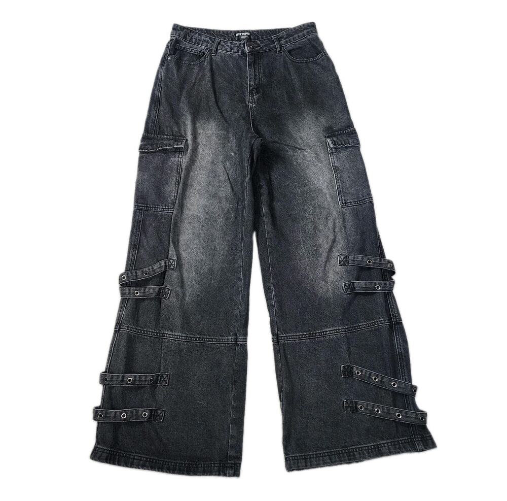 Hot Topic Black Wash Wide Leg Cargo Jeans Strappy Grommet Goth Y2K Size 13
